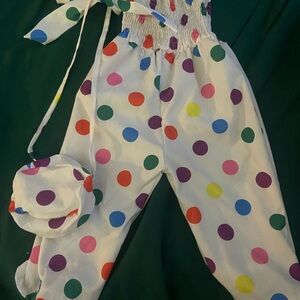 Colorful Polka Dot Jumpsuit with Matching Hat and Purse